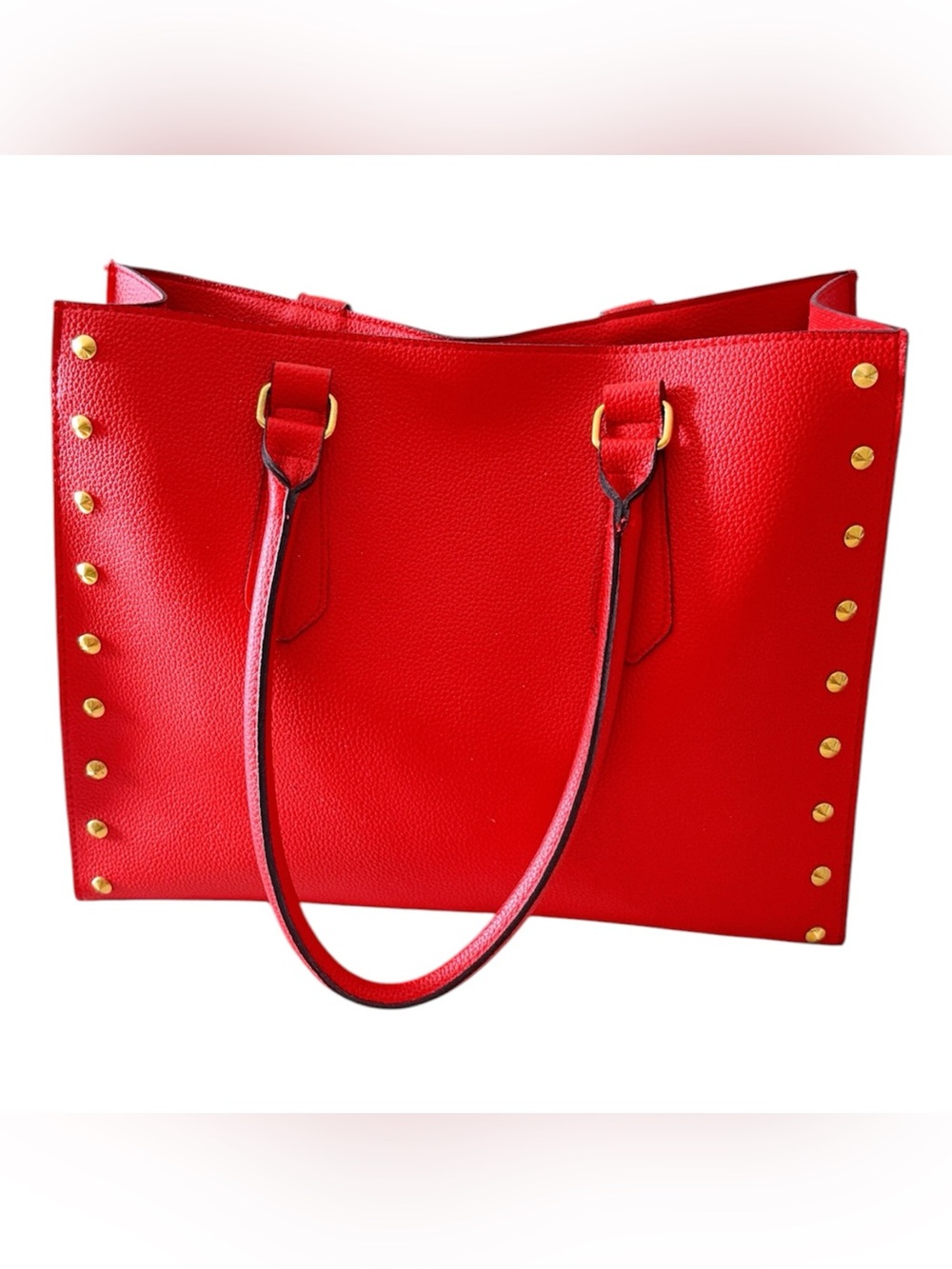 Red Leather Tote Bag with Gold Stud Accents